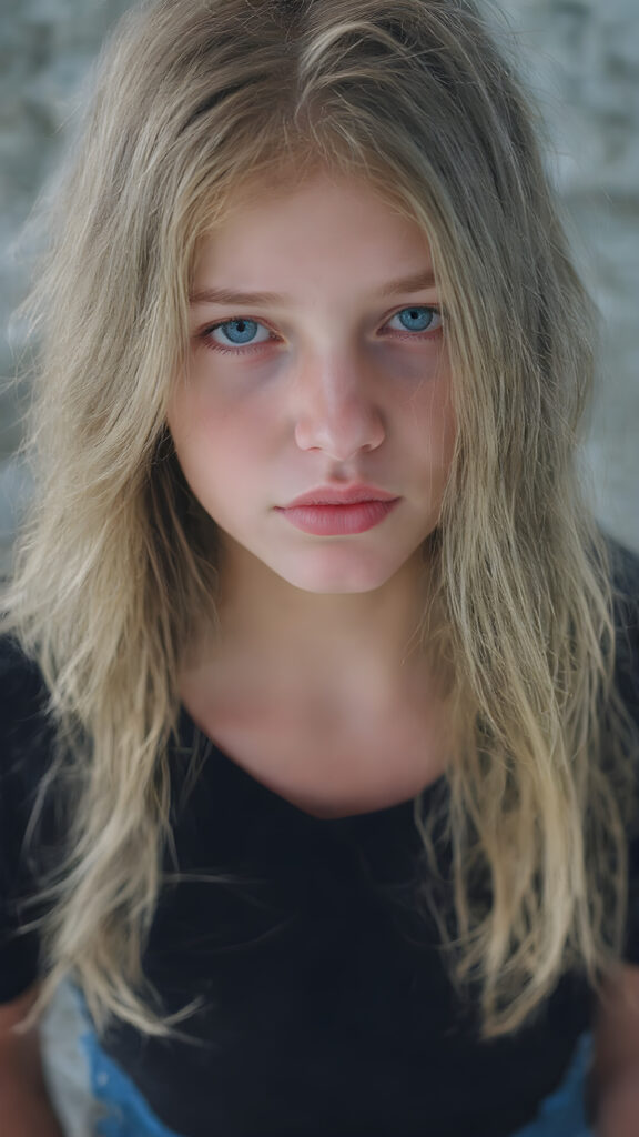 A (((beautiful young girl))), with (((flawlessly pale skin))), very long, wavy, softly curled hair that frames her face in a gentle curve, and full, plump red lips that add a hint of whimsy to her expression. Her eyes are (((light blue))), with a subtle hint of gray in their depths, reflecting an overall air of youthful innocence. She's dressed in a (((black T-shirt))), with the sleeves gently framed by a soft, contrasting glow, and denim shorts with a thin belt at the waist, which accentuates her slender frame. The outfit comes together to create a (((cool, toned look))), perfectly capturing the essence of a (((summer day at the beach))) for a young girl on the cusp of her teenage years, full body view, with the sun's rays striking her face, giving her an ethereal glow, misty atmosphere, 8K, UHD, perfect quality, perfect anatomy, highly detailed skin textures, realistic skin imperfections