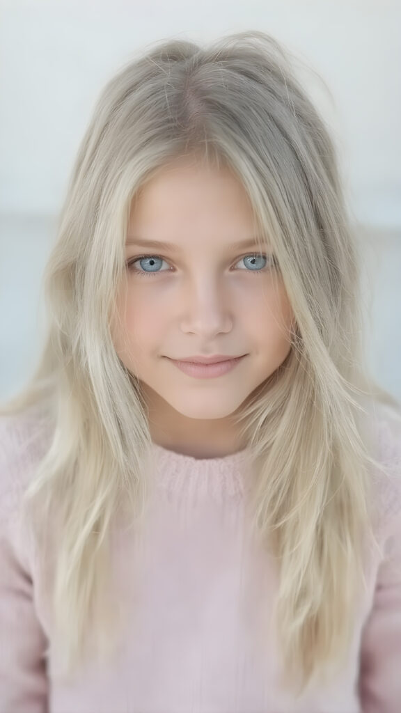 A (((beautiful, cute, and slender young girl))), age 18, with (light tan skin) and (very long, straight, thick, white golden blonde hair) (blowing in the breeze) that gives off a youthful glow, paired with (adorable puffy light blue eyes) that emit a sense of realism, all framed by a cozy (pastel color sweater) and (matching pastel blue jeans) cut in a (soft, pastel aesthetic) style that complements her (cheerful, happy expression) full body view
