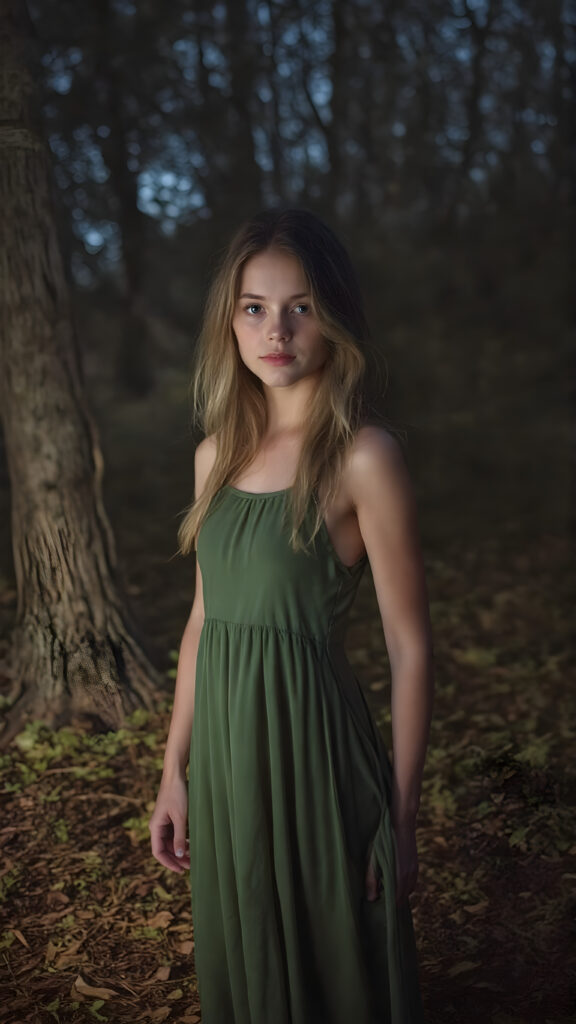 A (((beautiful girl))) in a ((forest at night)), with ((pale skin)) and ((brightly colored eyes)), dressed in a flowing (((long green dress))), which gently billows around her form, accentuating her slender figure and softly illuminated by the glow of (natural forest light)