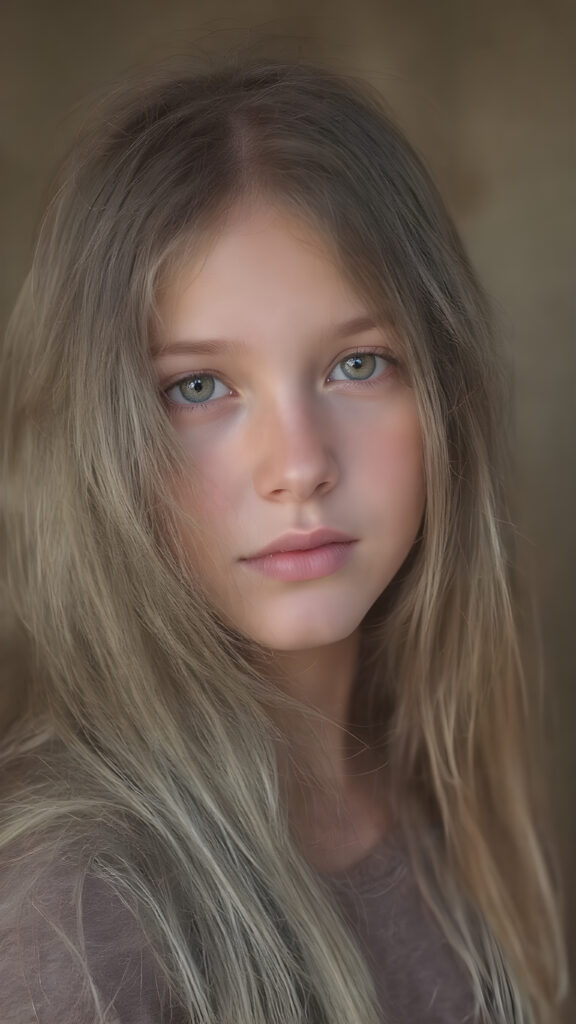 A (((beautiful young girl))) with (((extremely long, thick, cascading blonde hair))), which flows down to her waist and covers her front upper body, paired with (((brown, sand-colored eyes))), that convey a sense of tranquility. Her focus is on the camera, with a slightly turned head and a level of detail that suggests a (professional studio photo). The setting is a (side profile), with a hint of a gentle smile, full body view