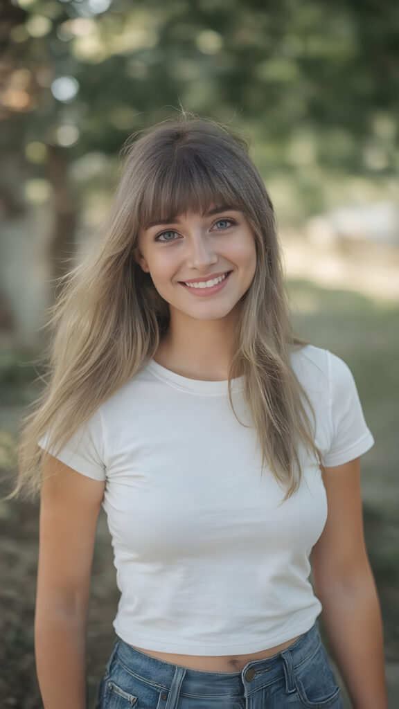 A (((beautiful young woman))), with (((light brown hair (long hair with bangs))), that gently waves in the (((soft breeze))) and (((big, brown eyes))), that sparkle and reflect (((the bright light and color of the surroundings))) in a (((cheerful smile))), she's dressed in a (((super short tight white T-shirt and tattered denim shorts))), that snugly fit her form, and she's posed standing