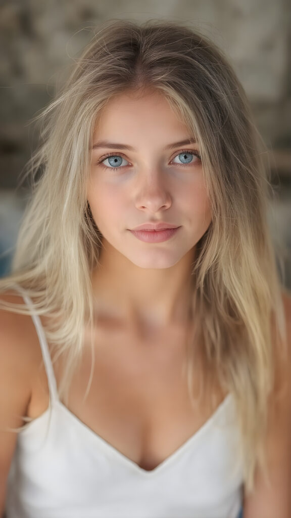 A (((beautiful, cute, and slender young girl))), age 18, with (light tan skin) and (very long, straight, thick, white golden blonde hair) (blowing in the breeze) that gives off a youthful glow, paired with (adorable puffy light blue eyes) that emit a sense of realism, all framed by a cozy (pastel color cropped short spaghetti tank top, deep v-neck) and (matching pastel blue jeans) cut in a (soft, pastel aesthetic) style that complements her (cheerful, happy expression) full body view