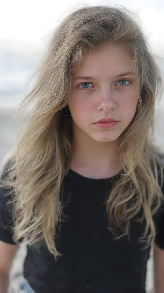 A (((beautiful young girl))), with (((flawlessly pale skin))), very long, wavy, softly curled hair that frames her face in a gentle curve, and full, plump red lips that add a hint of whimsy to her expression. Her eyes are (((light blue))), with a subtle hint of gray in their depths, reflecting an overall air of youthful innocence. She's dressed in a (((black T-shirt))), with the sleeves gently framed by a soft, contrasting glow, and denim shorts with a thin belt at the waist, which accentuates her slender frame. The outfit comes together to create a (((cool, toned look))), perfectly capturing the essence of a (((summer day at the beach))) for a young girl on the cusp of her teenage years, full body view, with the sun's rays striking her face, giving her an ethereal glow, misty atmosphere, 8K, UHD, perfect quality, perfect anatomy, highly detailed skin textures, realistic skin imperfections