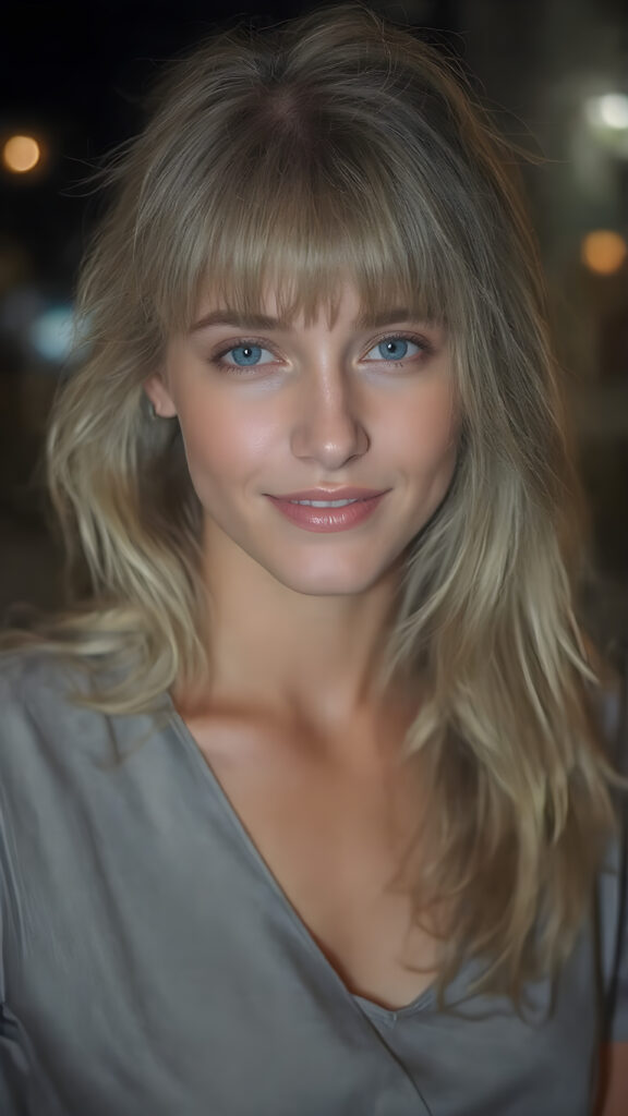 A (((beautiful young woman))) age 25, with flowing, (((straight blonde hair with bangs))), and (((shimmering blue eyes))), dressed in a sleek, ((silver blouse and blue jeans)), exuding an air of sophistication and confidence. Her (((perfect complexion))) complements her youthful features, giving off an ethereal glow. She's perfectly happy and content, smiling warmly for the camera. The scene is set against a backdrop of the (night), highlighting her face's intricate details.