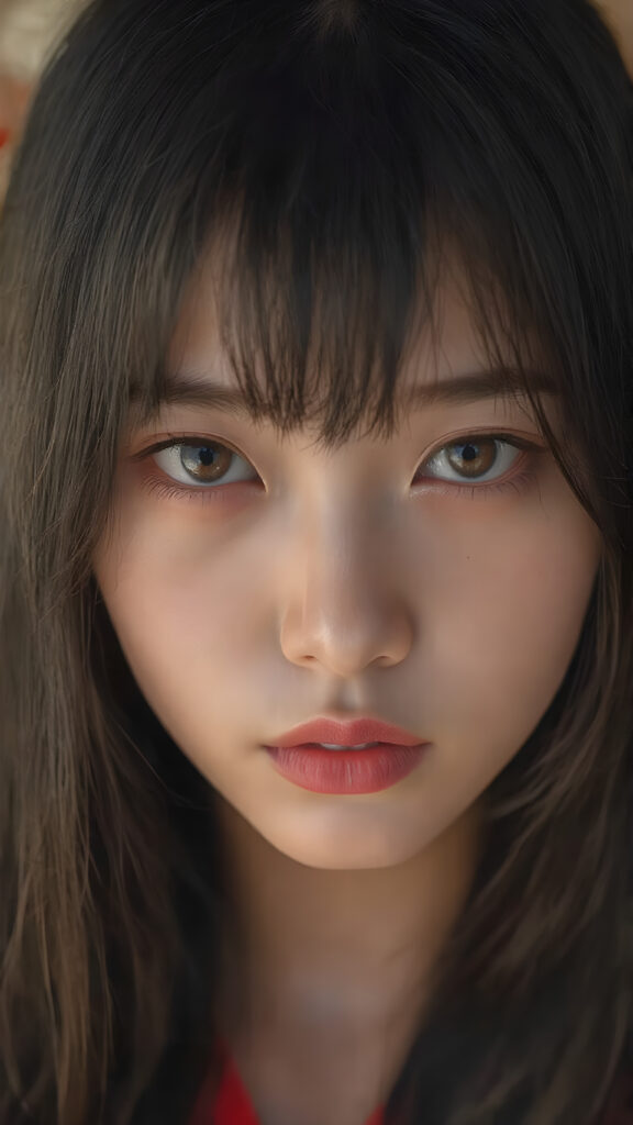 A (((beautiful Japanese girl))) who exudes an air of youthful confidence, with (((half-long, straight silky black hair))), that falls in soft, gentle waves framing her face, plump full red lips, complemented by delicate, (((freckles))). Her features are (((perfectly symmetrical))), with (((bright, piercing red eyes))), that gives off an ethereal glow. Looking directly into the camera, she emits an unmistakable air of elegance and grace, the overall atmosphere of the photograph is one of (extreme detail and clarity) that reflects a (hyper realistic and hyper detailed rendering) of this stunningly beautiful scene, showcasing this breathtaking girl in a truly unforgettable moment.