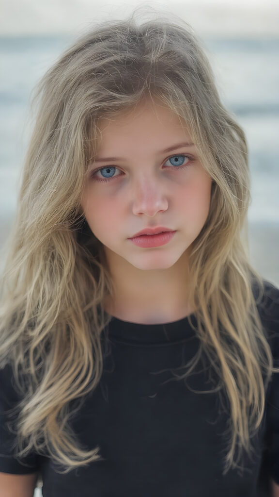 A (((beautiful young girl))), with (((flawlessly pale skin))), very long, wavy, softly curled hair that frames her face in a gentle curve, and full, plump red lips that add a hint of whimsy to her expression. Her eyes are (((light blue))), with a subtle hint of gray in their depths, reflecting an overall air of youthful innocence. She's dressed in a (((black T-shirt))), with the sleeves gently framed by a soft, contrasting glow, and denim shorts with a thin belt at the waist, which accentuates her slender frame. The outfit comes together to create a (((cool, toned look))), perfectly capturing the essence of a (((summer day at the beach))) for a young girl on the cusp of her teenage years, full body view, with the sun's rays striking her face, giving her an ethereal glow, misty atmosphere, 8K, UHD, perfect quality, perfect anatomy, highly detailed skin textures, realistic skin imperfections