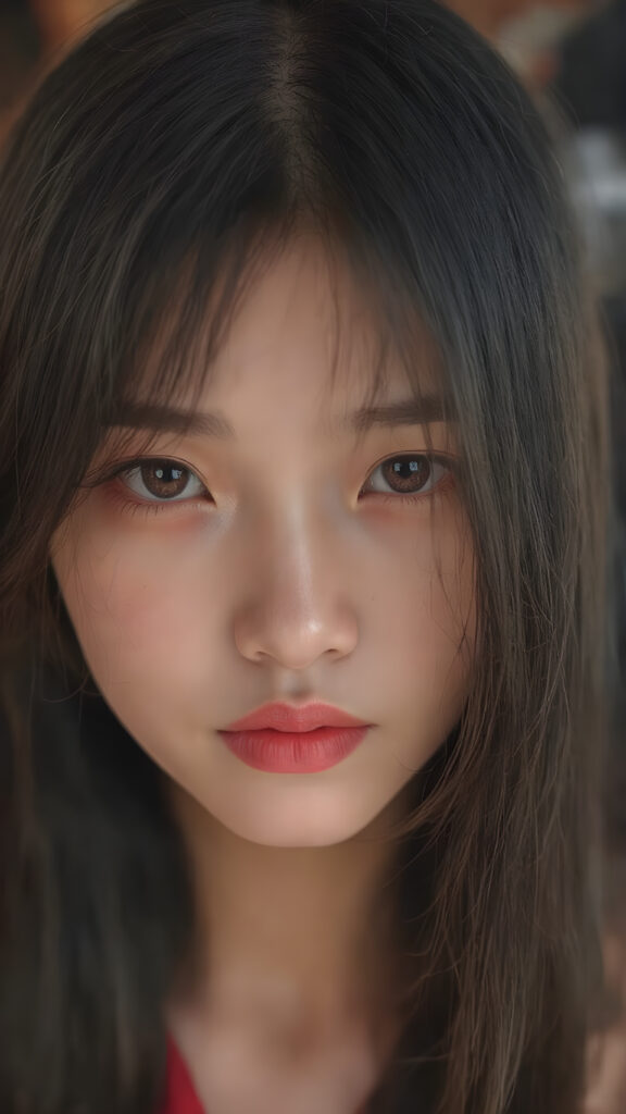 A (((beautiful Japanese girl))) who exudes an air of youthful confidence, with (((half-long, straight silky black hair))), that falls in soft, gentle waves framing her face, plump full red lips, complemented by delicate, (((freckles))). Her features are (((perfectly symmetrical))), with (((bright, piercing red eyes))), that gives off an ethereal glow. Looking directly into the camera, she emits an unmistakable air of elegance and grace, the overall atmosphere of the photograph is one of (extreme detail and clarity) that reflects a (hyper realistic and hyper detailed rendering) of this stunningly beautiful scene, showcasing this breathtaking girl in a truly unforgettable moment.