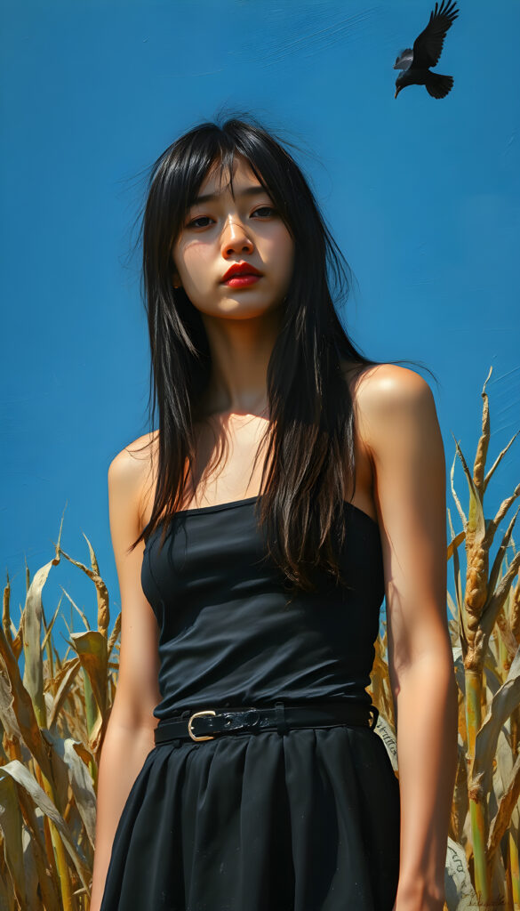 A beautiful Asian girl stands in a mown cornfield. Blue sky in the background. A crow is hovering in the sky. She has long, dark, straight hair and is wearing a tank top and a black, round skirt.