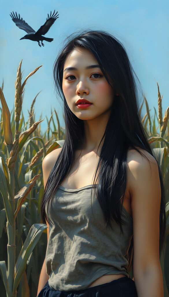 A beautiful Asian girl stands in a mown cornfield. Blue sky in the background. A crow is hovering in the sky. She has long, dark, straight hair and is wearing a tank top and a black, round skirt.