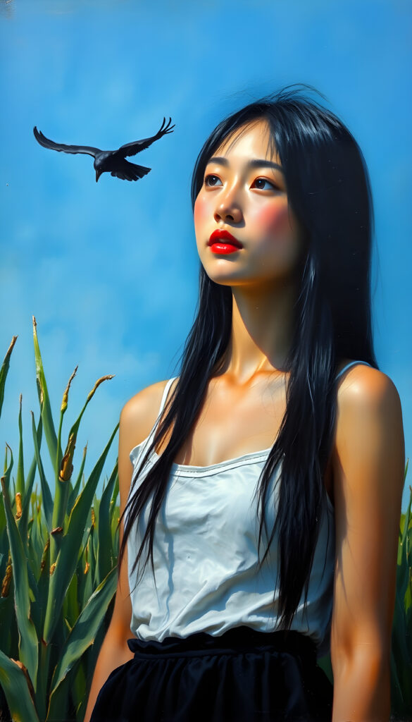 A beautiful Asian girl stands in a mown cornfield. Blue sky in the background. A crow is hovering in the sky. She has long, dark, straight hair and is wearing a tank top and a black, round skirt.