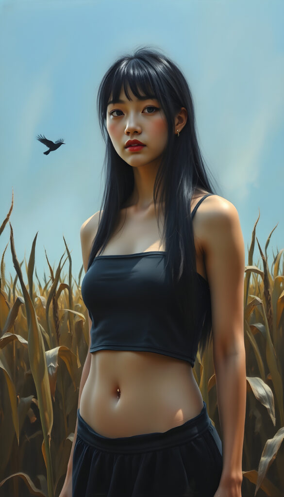 A beautiful Asian girl stands in a mown cornfield. Blue sky in the background. A crow is hovering in the sky. She has long, dark, straight hair and is wearing a tank top and a black, round skirt.