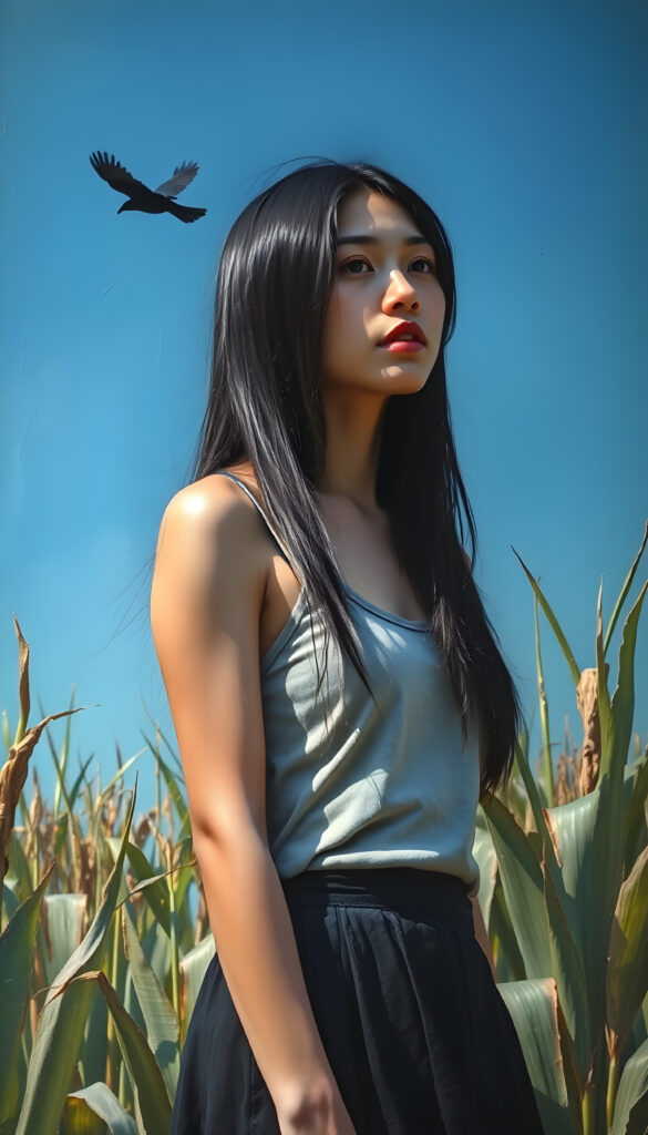 A beautiful Asian girl stands in a mown cornfield. Blue sky in the background. A crow is hovering in the sky. She has long, dark, straight hair and is wearing a tank top and a black, round skirt.