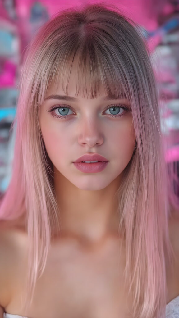 A (((beautiful young e-girl))), with ((extremely long, straight, thick, untucked soft pink hair)), and ((big, expressive, bright, natural green eyes)), that convey a sense of youthful allure. Her ((skin is flawless)), with ((perfect lips)) that add to her enchanting smile. She's ((busty)), with ((big, round, full, slightly parted lips)), that are just barely parted in a playful smile. Her ((almond skin)) adds to her ((natural beauty)), with ((long, sheer, thin, tight tank top)) that accentuates her ((female figure)), all against a backdrop of a (((bright neon pink))) cyberpunk scene