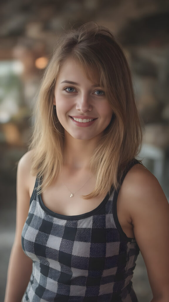 A (((beautiful girl))) with a round, ((full body)), and slightly red straight soft hair, dressed in a warm, inviting (((black and white checkered tank top))), which complements her happy expression as she poses confidently