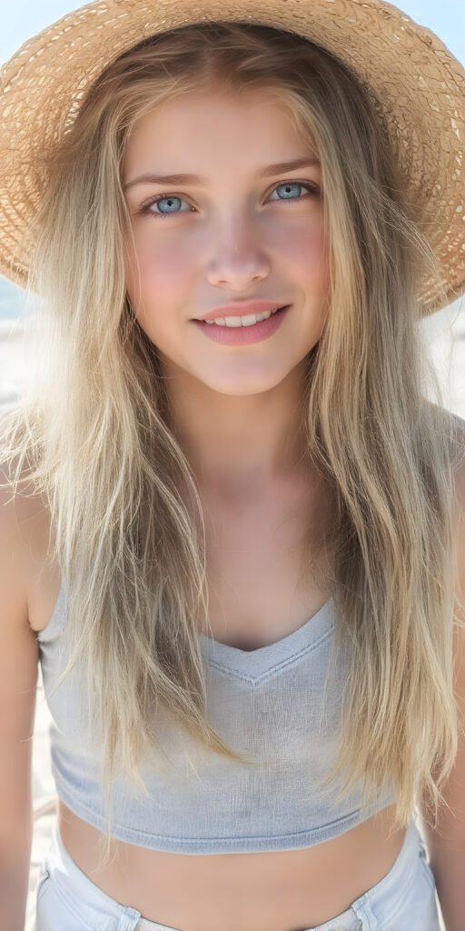 A (((beautiful young teen girl with exceptionally long, thick, straight blond brown hair, right and left the same length))), wearing (((light denim shorts, light grey cropped tank top, deep v-neck))), a ((sunhat))) that accentuates her (((perfectly curved figure))), with (pale skin) and (brightly blue eyes) that exude an air of youthful confidence and whimsy, complemented by (((white skin with barely visible freckles))), and (((full, defined lips))) that add a playful touch to her face. Her (((eyes are a captivating shade of blue))), yet they remain distinctly casual, with (long, straight wavy) that frame her face in a warm, inviting glow. The scene is a summer day at the beach, with the sun's rays reaching out towards her, reflecting off her hair and skin for a serene, sun-kissed glow. She has (((the most perfectly straight, level white teeth in the world))) that add to her overall beauty and complement her youthful appearance