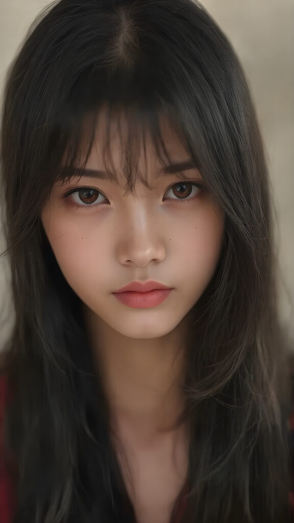 A (((beautiful Asian girl))) who exudes an air of youthful confidence, with (((long, straight silky black hair))), that falls in soft, gentle waves framing her face, complemented by delicate, (((freckles))). Her features are (((perfectly symmetrical))), with (((bright, piercing red eyes))), that gives off an ethereal glow. Looking directly into the camera, she emits an unmistakable air of elegance and grace. (((Full body view))) The overall atmosphere of the photograph is one of (extreme detail and clarity) that reflects a (hyper realistic and hyper detailed rendering) of this stunningly beautiful scene, showcasing this breathtaking girl in a truly unforgettable moment.