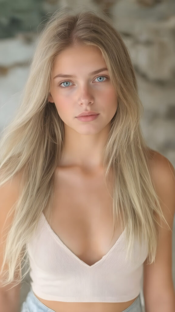A (((beautiful, cute, and slender young girl))), age 18, with (light tan skin) and (very long, straight, thick, white golden blonde hair) (blowing in the breeze) that gives off a youthful glow, paired with (adorable puffy light blue eyes) that emit a sense of realism, all framed by a cozy (pastel color cropped short spaghetti tank top, deep v-neck) and (matching pastel blue jeans) cut in a (soft, pastel aesthetic) style that complements her (cheerful, happy expression) full body view