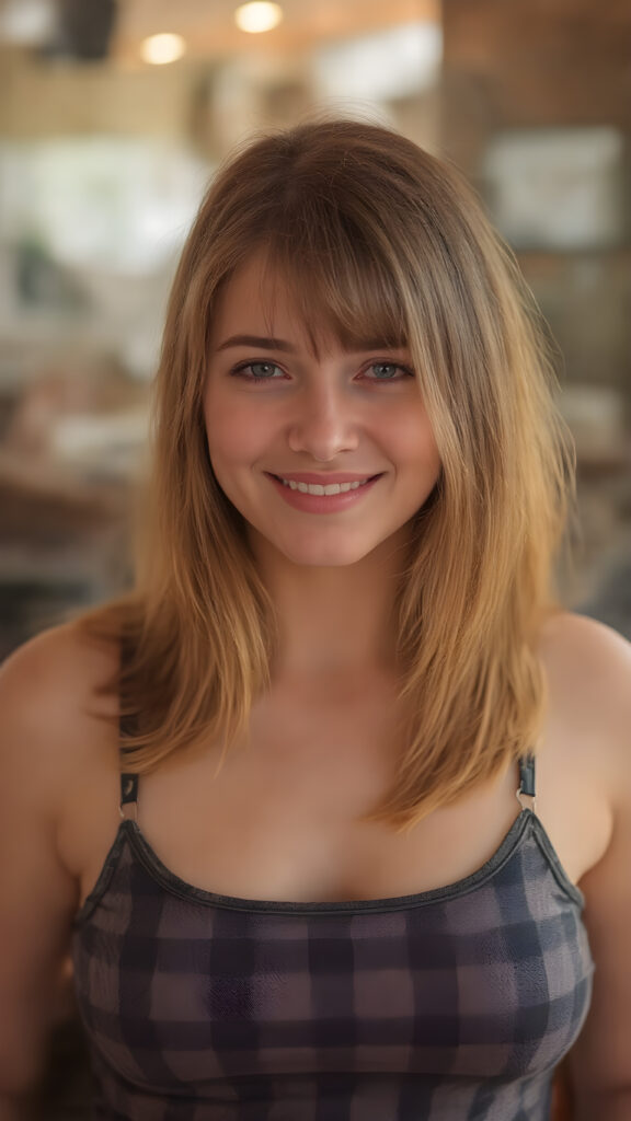 A (((beautiful girl))) with a round, ((full body)), and slightly red straight soft hair, dressed in a warm, inviting (((black and white checkered tank top))), which complements her happy expression as she poses confidently