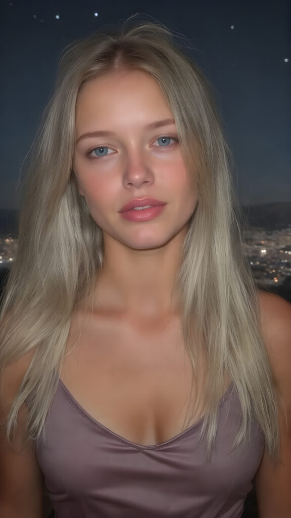 A (((beautiful girl))), age 18, with flowing (((white blonde hair))), straight and smooth hair that extends down to her shoulders, capturing light and emphasizing her face's delicate features. Her skin is a (pale) light blue, with slightly soft (smooth) lines that reflect the sun's rays, enhancing her face's natural beauty. Her lips are a (soft) light blue, with (straight) lines that match the texture of her skin. She wears a (low-cut) silk t-shirt and a (tightly tied) black skirt, both of which highlight her flawless figure and natural beauty. The scene is set at night on a (mountain top) overlooking the city below, under a (starry sky) backdrop, perfect for a romantic evening
