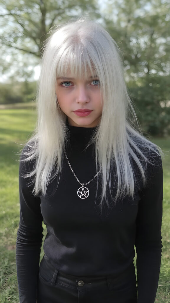 A (((beautiful young innocent girl))), with straight long platinum white hair, framing a softly curved waist she's got big bright and playful (((eyes))), that add a pop of colour to her overall look. Her lips are full and painted in (deep red) lipstick, accentuated by (shades of pink) eyeshadow that give off a glow. She's dressed in a ((black full sleeved and turtle necked t-shirt)) and ((tight fitting black denim jeans)), accessorised with a (silver pentagram necklace) and paired with (vividly coloured) high heeled shoes that match perfectly with her outfit, all against a sunny backdrop in a green park