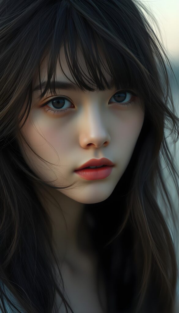 A beautiful and atmospheric portrait of a gentle girl's face with silky black messy hair flowing in the breeze, perfect golden-brown bangs framing her flawless face. A few strands of hair fall into her face. Her deep, expressive black eyes sparkle with mystery. She has full, kissable red lips, and her gaze is serene yet captivating. A soft twilight setting, creating a dreamy ambiance. Empty white backdrop.