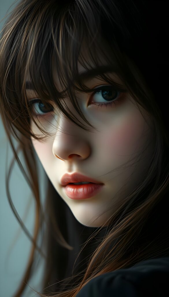 A beautiful and atmospheric portrait of a gentle girl's face with silky black messy hair flowing in the breeze, perfect golden-brown bangs framing her flawless face. A few strands of hair fall into her face. Her deep, expressive black eyes sparkle with mystery. She has full, kissable red lips, and her gaze is serene yet captivating. A soft twilight setting, creating a dreamy ambiance. Empty white backdrop.