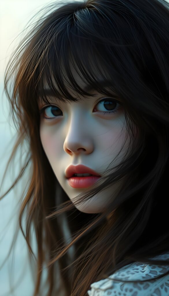 A beautiful and atmospheric portrait of a gentle girl's face with silky black messy hair flowing in the breeze, perfect golden-brown bangs framing her flawless face. A few strands of hair fall into her face. Her deep, expressive black eyes sparkle with mystery. She has full, kissable red lips, and her gaze is serene yet captivating. A soft twilight setting, creating a dreamy ambiance. Empty white backdrop.