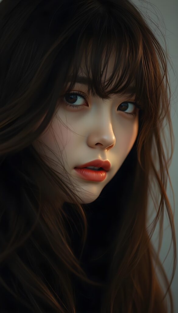 A beautiful and atmospheric portrait of a gentle girl's face with silky black messy hair flowing in the breeze, perfect golden-brown bangs framing her flawless face. A few strands of hair fall into her face. Her deep, expressive black eyes sparkle with mystery. She has full, kissable red lips, and her gaze is serene yet captivating. A soft twilight setting, creating a dreamy ambiance. Empty white backdrop.