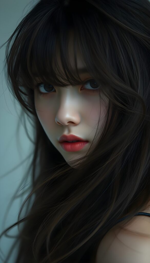 A beautiful and atmospheric portrait of a gentle girl's face with silky black messy hair flowing in the breeze, perfect golden-brown bangs framing her flawless face. A few strands of hair fall into her face. Her deep, expressive black eyes sparkle with mystery. She has full, kissable red lips, and her gaze is serene yet captivating. A soft twilight setting, creating a dreamy ambiance. Empty white backdrop.