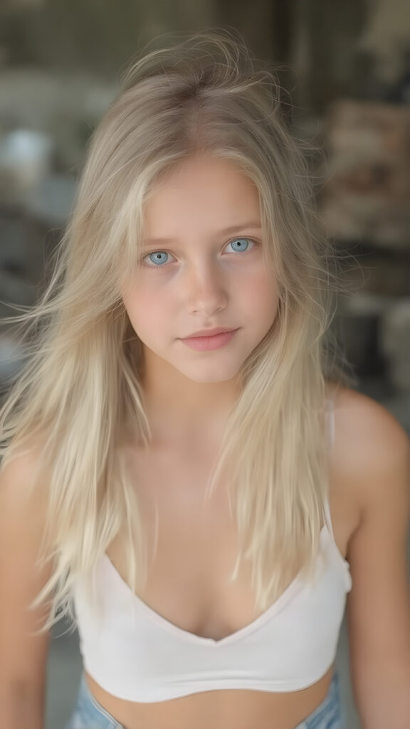 A (((beautiful, cute, and slender young girl))), age 18, with (light tan skin) and (very long, straight, thick, white golden blonde hair) (blowing in the breeze) that gives off a youthful glow, paired with (adorable puffy light blue eyes) that emit a sense of realism, all framed by a cozy (pastel color cropped short spaghetti tank top, deep v-neck) and (matching pastel blue jeans) cut in a (soft, pastel aesthetic) style that complements her (cheerful, happy expression) full body view