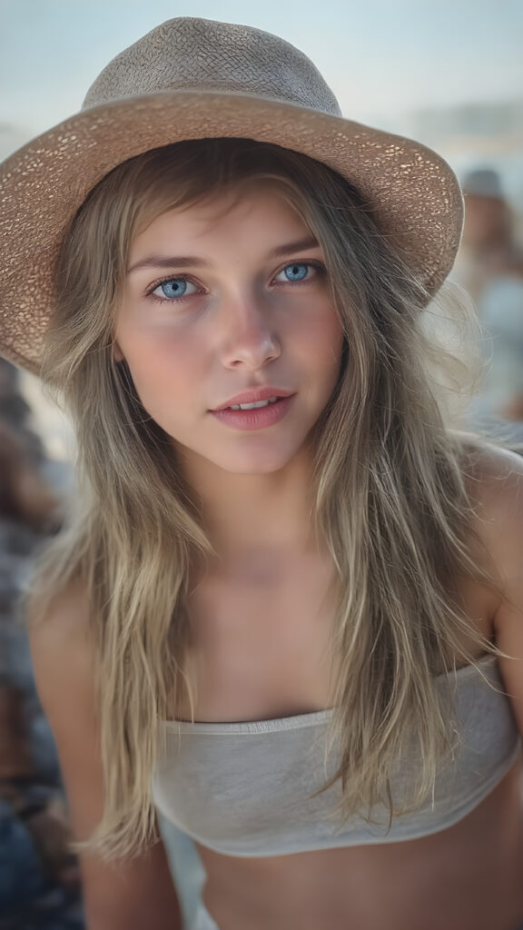 A (((beautiful girl with exceptionally long, thick, straight blond brown hair, right and left the same length))), wearing (((light denim shorts, grey cropped tank top))), a ((sunhat))) that accentuates her (((perfectly curved figure))), with (pale skin) and (brightly blue eyes) that exude an air of youthful confidence and whimsy, complemented by (((white skin with barely visible freckles))), and (((full, defined lips))) that add a playful touch to her face. Her (((eyes are a captivating shade of blue))), yet they remain distinctly casual, with (long, straight wavy) that frame her face in a warm, inviting glow. The scene is a summer day at the beach, with the sun's rays reaching out towards her, reflecting off her hair and skin for a serene, sun-kissed glow. She has (((the most perfectly straight, level white teeth in the world))) that add to her overall beauty and complement her youthful appearance