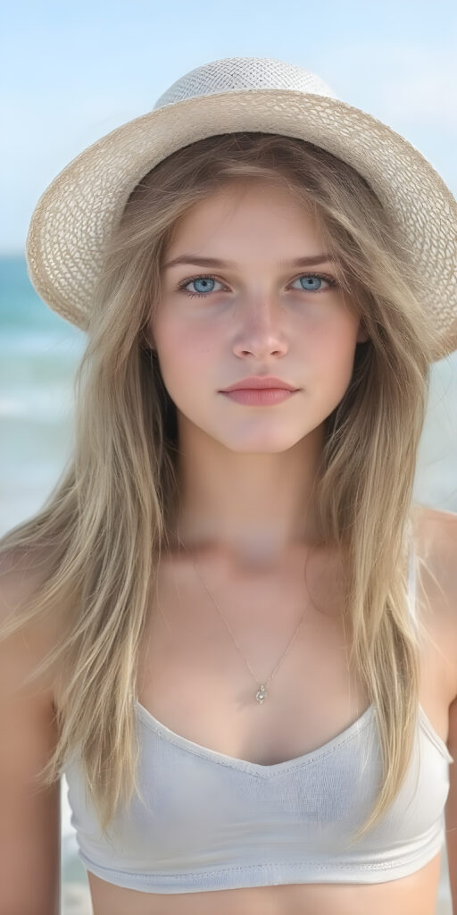 A (((beautiful young teen girl with exceptionally long, thick, straight blond brown hair, right and left the same length))), wearing (((light denim shorts, light grey cropped tank top, deep v-neck))), a ((sunhat))) that accentuates her (((perfectly curved figure))), with (pale skin) and (brightly blue eyes) that exude an air of youthful confidence and whimsy, complemented by (((white skin with barely visible freckles))), and (((full, defined lips))) that add a playful touch to her face. Her (((eyes are a captivating shade of blue))), yet they remain distinctly casual, with (long, straight wavy) that frame her face in a warm, inviting glow. The scene is a summer day at the beach, with the sun's rays reaching out towards her, reflecting off her hair and skin for a serene, sun-kissed glow. She has (((the most perfectly straight, level white teeth in the world))) that add to her overall beauty and complement her youthful appearance
