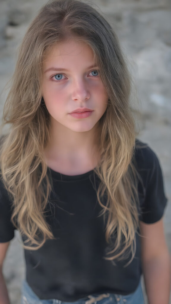A (((beautiful young girl))), with (((flawlessly pale skin))), very long, wavy, softly curled hair that frames her face in a gentle curve, and full, plump red lips that add a hint of whimsy to her expression. Her eyes are (((light blue))), with a subtle hint of gray in their depths, reflecting an overall air of youthful innocence. She's dressed in a (((black T-shirt))), with the sleeves gently framed by a soft, contrasting glow, and denim shorts with a thin belt at the waist, which accentuates her slender frame. The outfit comes together to create a (((cool, toned look))), perfectly capturing the essence of a (((summer day at the beach))) for a young girl on the cusp of her teenage years, full body view, with the sun's rays striking her face, giving her an ethereal glow, misty atmosphere, 8K, UHD, perfect quality, perfect anatomy, highly detailed skin textures, realistic skin imperfections