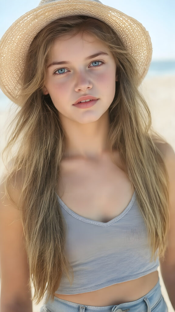 A (((beautiful young teen girl with exceptionally long, thick, straight blond brown hair, right and left the same length))), wearing (((light denim shorts, light grey cropped tank top, deep v-neck))), a ((sunhat))) that accentuates her (((perfectly curved figure))), with (pale skin) and (brightly blue eyes) that exude an air of youthful confidence and whimsy, complemented by (((white skin with barely visible freckles))), and (((full, defined lips))) that add a playful touch to her face. Her (((eyes are a captivating shade of blue))), yet they remain distinctly casual, with (long, straight wavy) that frame her face in a warm, inviting glow. The scene is a summer day at the beach, with the sun's rays reaching out towards her, reflecting off her hair and skin for a serene, sun-kissed glow. She has (((the most perfectly straight, level white teeth in the world))) that add to her overall beauty and complement her youthful appearance