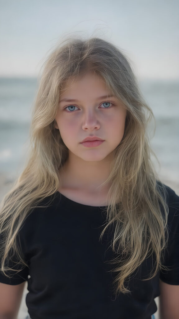 A (((beautiful young girl))), with (((flawlessly pale skin))), very long, wavy, softly curled hair that frames her face in a gentle curve, and full, plump red lips that add a hint of whimsy to her expression. Her eyes are (((light blue))), with a subtle hint of gray in their depths, reflecting an overall air of youthful innocence. She's dressed in a (((black T-shirt))), with the sleeves gently framed by a soft, contrasting glow, and denim shorts with a thin belt at the waist, which accentuates her slender frame. The outfit comes together to create a (((cool, toned look))), perfectly capturing the essence of a (((summer day at the beach))) for a young girl on the cusp of her teenage years, full body view, with the sun's rays striking her face, giving her an ethereal glow, misty atmosphere, 8K, UHD, perfect quality, perfect anatomy, highly detailed skin textures, realistic skin imperfections