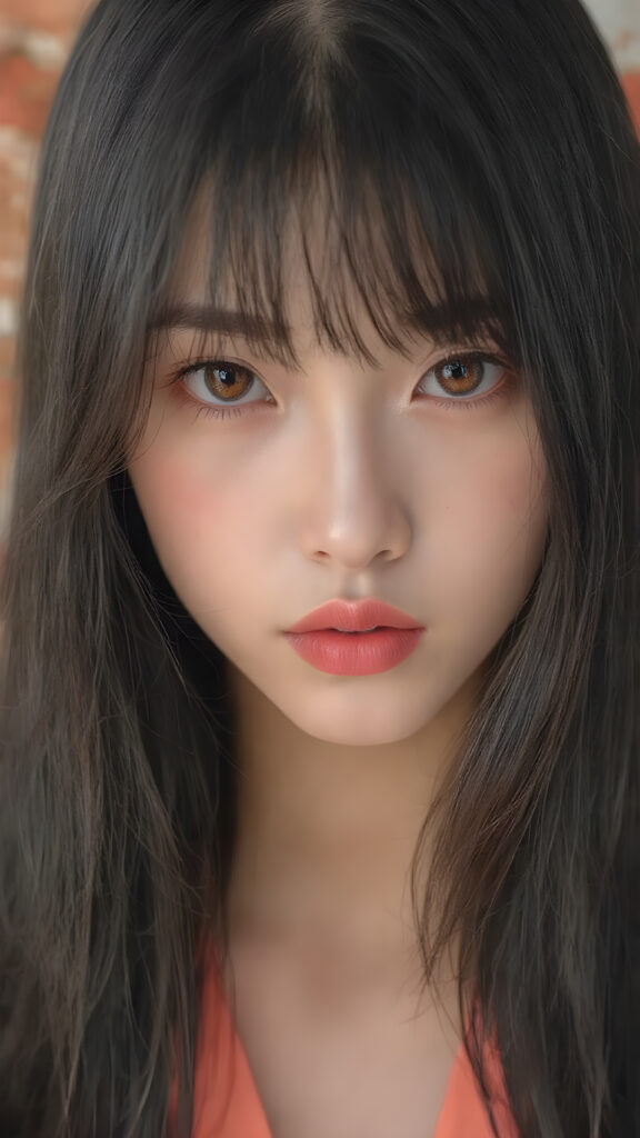 A (((beautiful Japanese girl))) who exudes an air of youthful confidence, with (((half-long, straight silky black hair))), that falls in soft, gentle waves framing her face, plump full red lips, complemented by delicate, (((freckles))). Her features are (((perfectly symmetrical))), with (((bright, piercing red eyes))), that gives off an ethereal glow. Looking directly into the camera, she emits an unmistakable air of elegance and grace, the overall atmosphere of the photograph is one of (extreme detail and clarity) that reflects a (hyper realistic and hyper detailed rendering) of this stunningly beautiful scene, showcasing this breathtaking girl in a truly unforgettable moment.