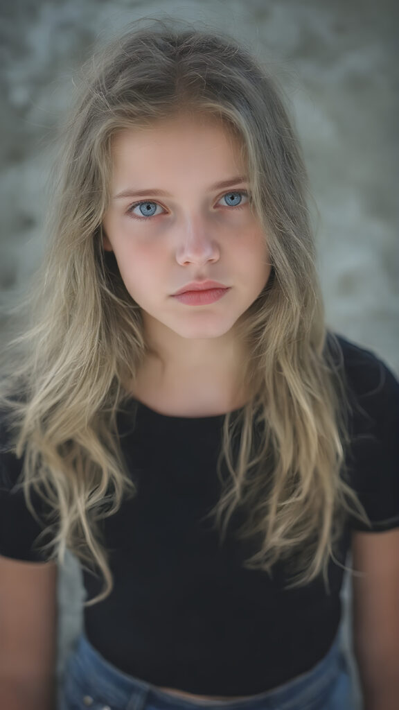 A (((beautiful young girl))), with (((flawlessly pale skin))), very long, wavy, softly curled hair that frames her face in a gentle curve, and full, plump red lips that add a hint of whimsy to her expression. Her eyes are (((light blue))), with a subtle hint of gray in their depths, reflecting an overall air of youthful innocence. She's dressed in a (((black T-shirt))), with the sleeves gently framed by a soft, contrasting glow, and denim shorts with a thin belt at the waist, which accentuates her slender frame. The outfit comes together to create a (((cool, toned look))), perfectly capturing the essence of a (((summer day at the beach))) for a young girl on the cusp of her teenage years, full body view, with the sun's rays striking her face, giving her an ethereal glow, misty atmosphere, 8K, UHD, perfect quality, perfect anatomy, highly detailed skin textures, realistic skin imperfections