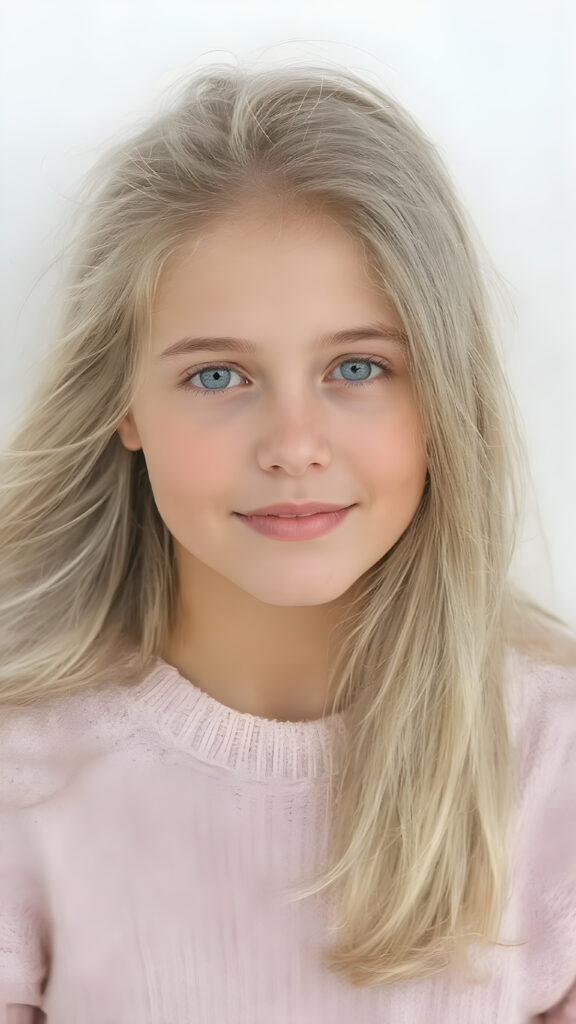 A (((beautiful, cute, and slender young girl))), age 18, with (light tan skin) and (very long, straight, thick, white golden blonde hair) (blowing in the breeze) that gives off a youthful glow, paired with (adorable puffy light blue eyes) that emit a sense of realism, all framed by a cozy (pastel color sweater) and (matching pastel blue jeans) cut in a (soft, pastel aesthetic) style that complements her (cheerful, happy expression) full body view