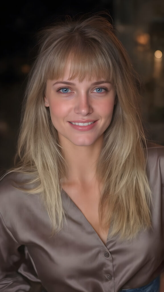 A (((beautiful young woman))) age 25, with flowing, (((straight blonde hair with bangs))), and (((shimmering blue eyes))), dressed in a sleek, ((silver blouse and blue jeans)), exuding an air of sophistication and confidence. Her (((perfect complexion))) complements her youthful features, giving off an ethereal glow. She's perfectly happy and content, smiling warmly for the camera. The scene is set against a backdrop of the (night), highlighting her face's intricate details.