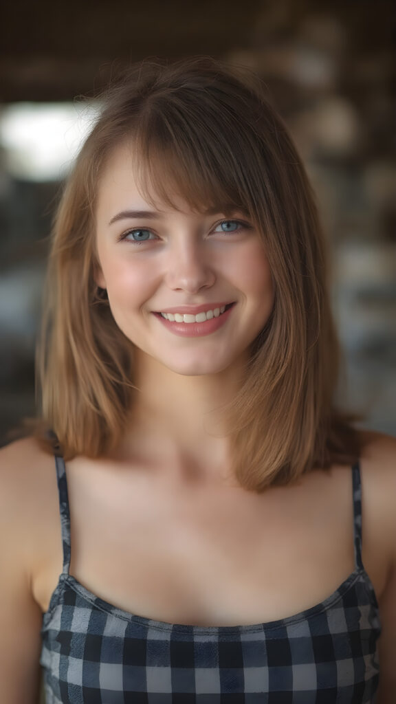 A (((beautiful girl))) with a round, ((full body)), and slightly red straight soft hair, dressed in a warm, inviting (((black and white checkered tank top))), which complements her happy expression as she poses confidently