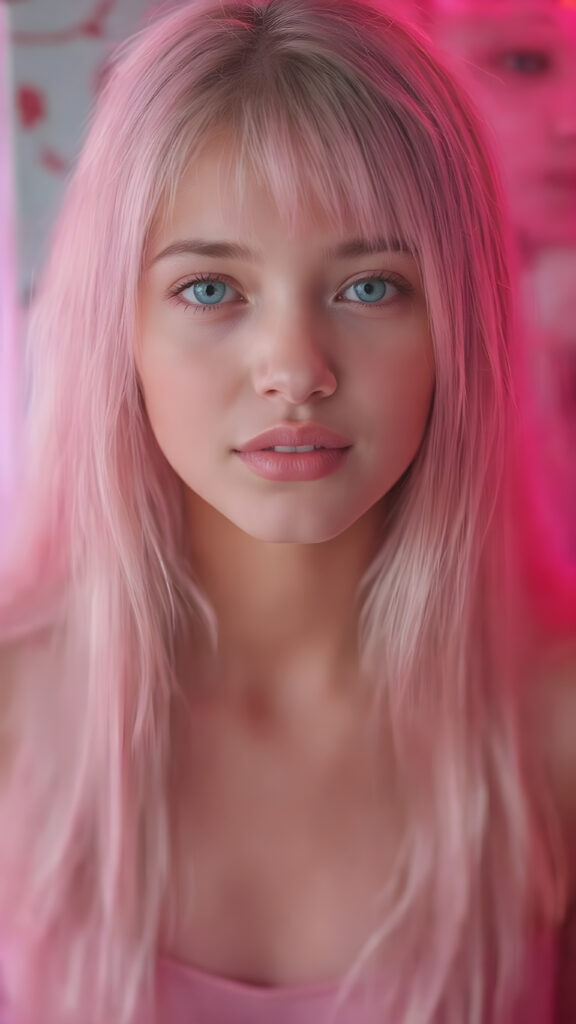 A (((beautiful young e-girl))), with ((extremely long, straight, thick, untucked soft pink hair)), and ((big, expressive, bright, natural green eyes)), that convey a sense of youthful allure. Her ((skin is flawless)), with ((perfect lips)) that add to her enchanting smile. She's ((busty)), with ((big, round, full, slightly parted lips)), that are just barely parted in a playful smile. Her ((almond skin)) adds to her ((natural beauty)), with ((long, sheer, thin, tight tank top)) that accentuates her ((female figure)), all against a backdrop of a (((bright neon pink))) cyberpunk scene