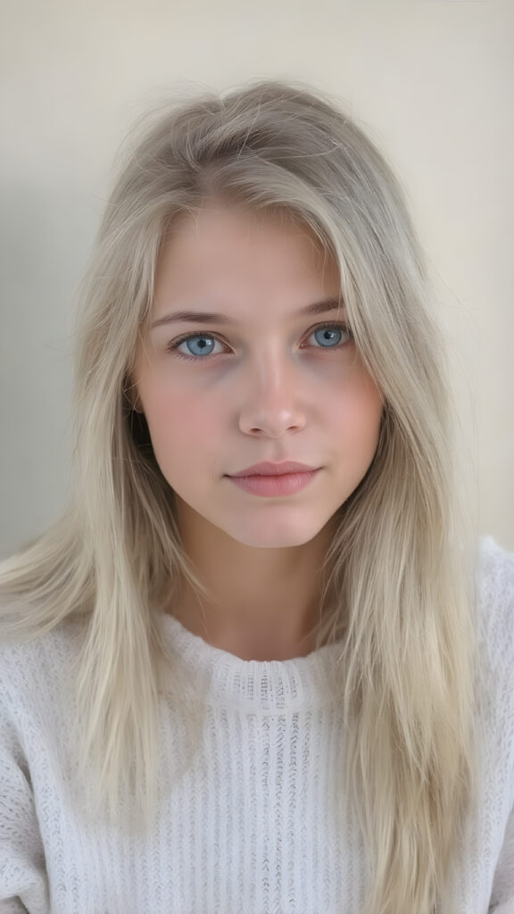A (((beautiful, cute, and slender young girl))), age 18, with (light tan skin) and (very long, straight, thick, white golden blonde hair) (blowing in the breeze) that gives off a youthful glow, paired with (adorable puffy light blue eyes) that emit a sense of realism, all framed by a cozy (pastel color sweater) and (matching pastel blue jeans) cut in a (soft, pastel aesthetic) style that complements her (cheerful, happy expression) full body view