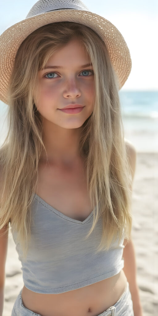 A (((beautiful young teen girl with exceptionally long, thick, straight blond brown hair, right and left the same length))), wearing (((light denim shorts, light grey cropped tank top, deep v-neck))), a ((sunhat))) that accentuates her (((perfectly curved figure))), with (pale skin) and (brightly blue eyes) that exude an air of youthful confidence and whimsy, complemented by (((white skin with barely visible freckles))), and (((full, defined lips))) that add a playful touch to her face. Her (((eyes are a captivating shade of blue))), yet they remain distinctly casual, with (long, straight wavy) that frame her face in a warm, inviting glow. The scene is a summer day at the beach, with the sun's rays reaching out towards her, reflecting off her hair and skin for a serene, sun-kissed glow. She has (((the most perfectly straight, level white teeth in the world))) that add to her overall beauty and complement her youthful appearance