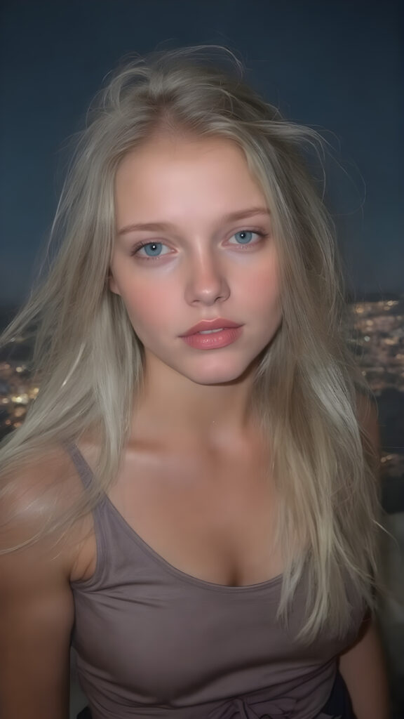 A (((beautiful girl))), age 18, with flowing (((white blonde hair))), straight and smooth hair that extends down to her shoulders, capturing light and emphasizing her face's delicate features. Her skin is a (pale) light blue, with slightly soft (smooth) lines that reflect the sun's rays, enhancing her face's natural beauty. Her lips are a (soft) light blue, with (straight) lines that match the texture of her skin. She wears a (low-cut) silk t-shirt and a (tightly tied) black skirt, both of which highlight her flawless figure and natural beauty. The scene is set at night on a (mountain top) overlooking the city below, under a (starry sky) backdrop, perfect for a romantic evening