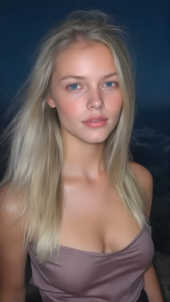 A (((beautiful girl))), age 18, with flowing (((white blonde hair))), straight and smooth hair that extends down to her shoulders, capturing light and emphasizing her face's delicate features. Her skin is a (pale) light blue, with slightly soft (smooth) lines that reflect the sun's rays, enhancing her face's natural beauty. Her lips are a (soft) light blue, with (straight) lines that match the texture of her skin. She wears a (low-cut) silk t-shirt and a (tightly tied) black skirt, both of which highlight her flawless figure and natural beauty. The scene is set at night on a (mountain top) overlooking the city below, under a (starry sky) backdrop, perfect for a romantic evening