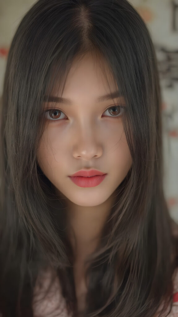 A (((beautiful Japanese girl))) who exudes an air of youthful confidence, with (((half-long, straight silky black hair))), that falls in soft, gentle waves framing her face, plump full red lips, complemented by delicate, (((freckles))). Her features are (((perfectly symmetrical))), with (((bright, piercing red eyes))), that gives off an ethereal glow. Looking directly into the camera, she emits an unmistakable air of elegance and grace, the overall atmosphere of the photograph is one of (extreme detail and clarity) that reflects a (hyper realistic and hyper detailed rendering) of this stunningly beautiful scene, showcasing this breathtaking girl in a truly unforgettable moment.