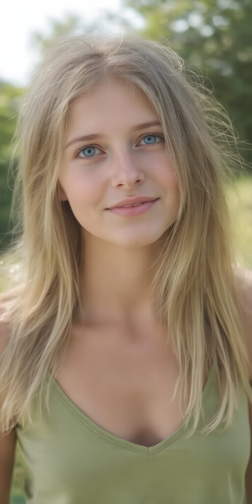 A (((beautiful young adult teen girl))), with long, flowing (((straight light green and blond hair))), (((bright blue eyes))), and (((fair skin))), featuring (((full lips))) and (((white teeth))), that give off a (delicate yet inviting smile). She's dressed in a (((very light, thin tank top in a soft green hue, deep v-neck))), with intricate details and (((very short, translucent, green shades)), that give off a (soft glow) and frame her youthful figure on a (mild grassy hill) looking up at the (sunny sky) and beautiful green trees in the background. She exudes an air of (serene beauty) and is painted in a (soft, impressionistic style) that gives off a (fantastical, dreamlike aesthetic), no necklace