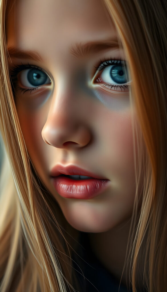 A beautiful close-up image with warm colors shows a young girl with silky smooth blonde hair. Her deep blue eyes are detailed, round, and sparkling. The girl has flawless skin and sensual lips. She is anticipating a sensual kiss and has her mouth slightly open, revealing white teeth.