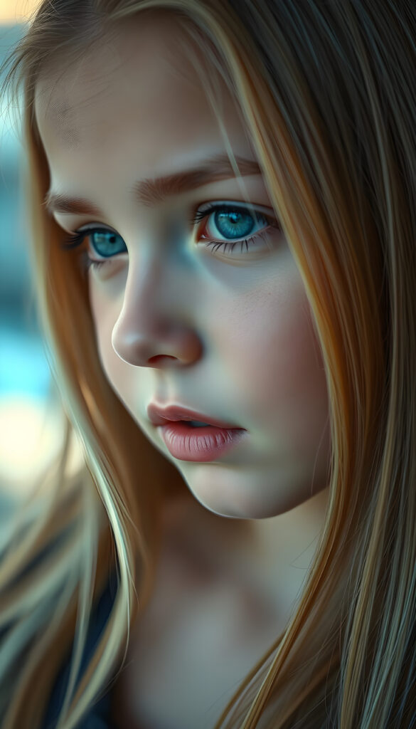 A beautiful close-up image with warm colors shows a young girl with silky smooth blonde hair. Her deep blue eyes are detailed, round, and sparkling. The girl has flawless skin and sensual lips. She is anticipating a sensual kiss and has her mouth slightly open, revealing white teeth.