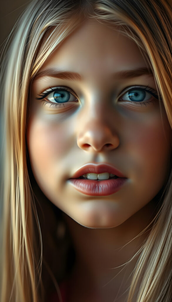 A beautiful close-up image with warm colors shows a young girl with silky smooth blonde hair. Her deep blue eyes are detailed, round, and sparkling. The girl has flawless skin and sensual lips. She is anticipating a sensual kiss and has her mouth slightly open, revealing white teeth.